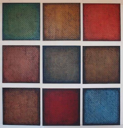 Wendy Kelly Reference Jewel Suite 2013 Mixed technique on linen each panel 39 x 38 cm